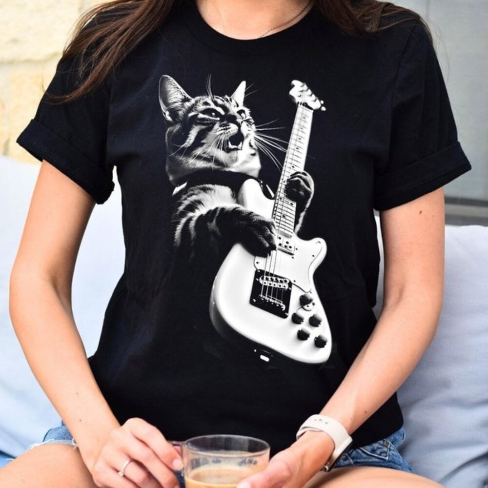 Rock Cat Playing Guitar - Funny Guitar Cat T-Shirt, Cat Lover Shirt